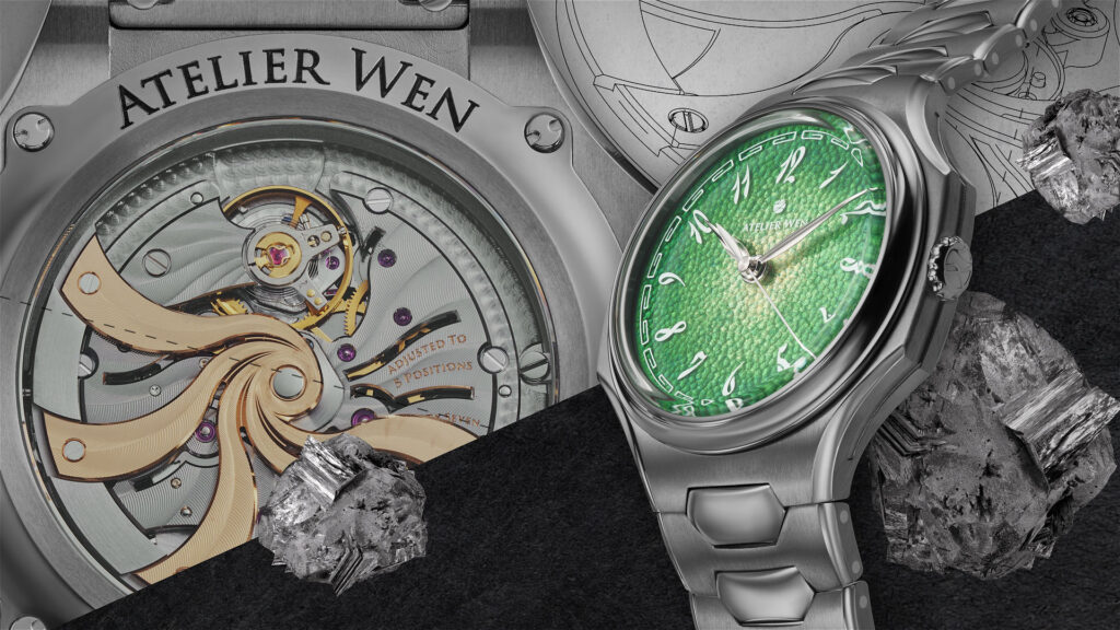Atelier WEN watch with green dial and exposed mechanical movement