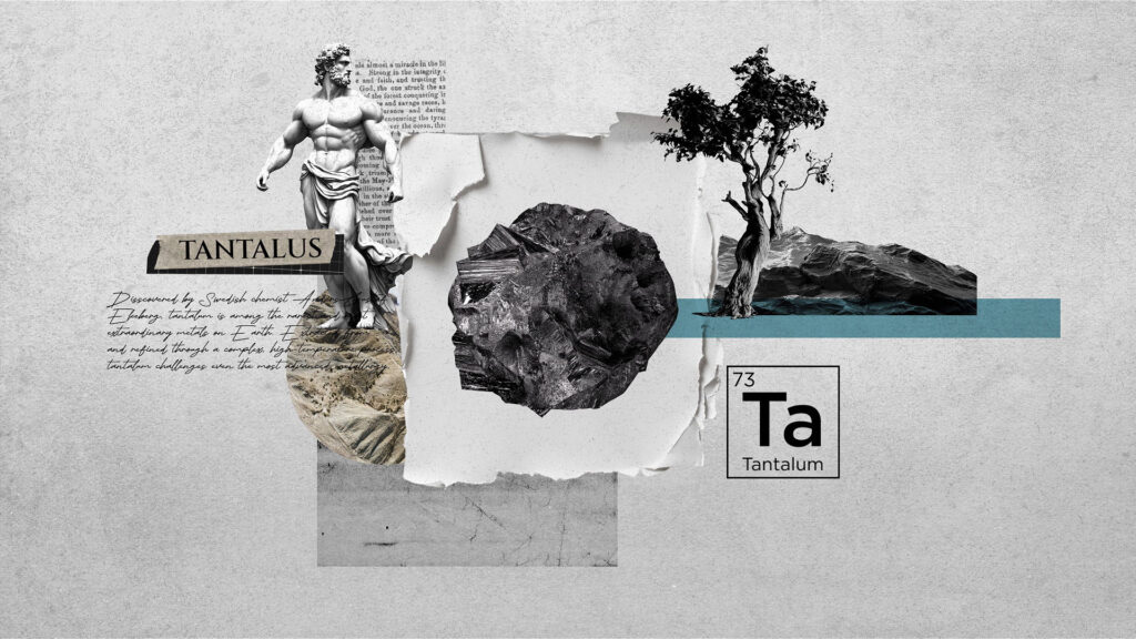 Collage featuring Tantalus statue, rock, tree, and Tantalum periodic table element