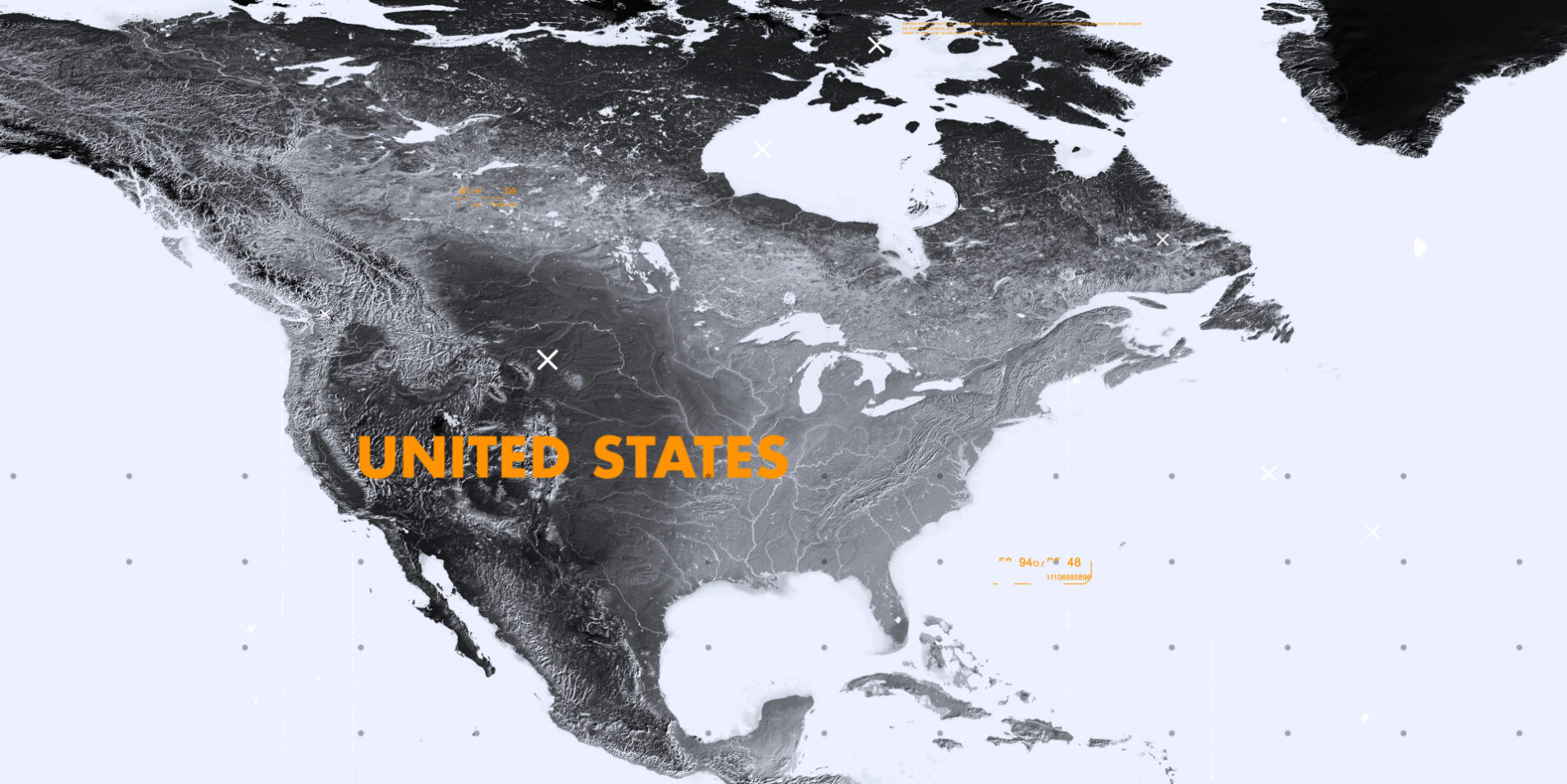 Black-and-white map highlights United States with orange text label