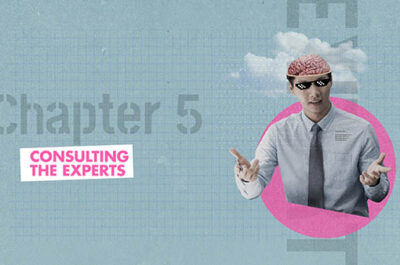 Man with brain cap gestures, chapter 5 consulting experts