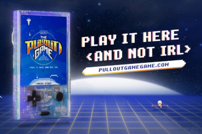 Space-themed game console with "Pullout Game" branding and website promotion