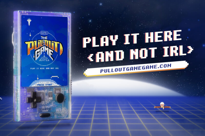 Space-themed game console with "Pullout Game" branding and website promotion