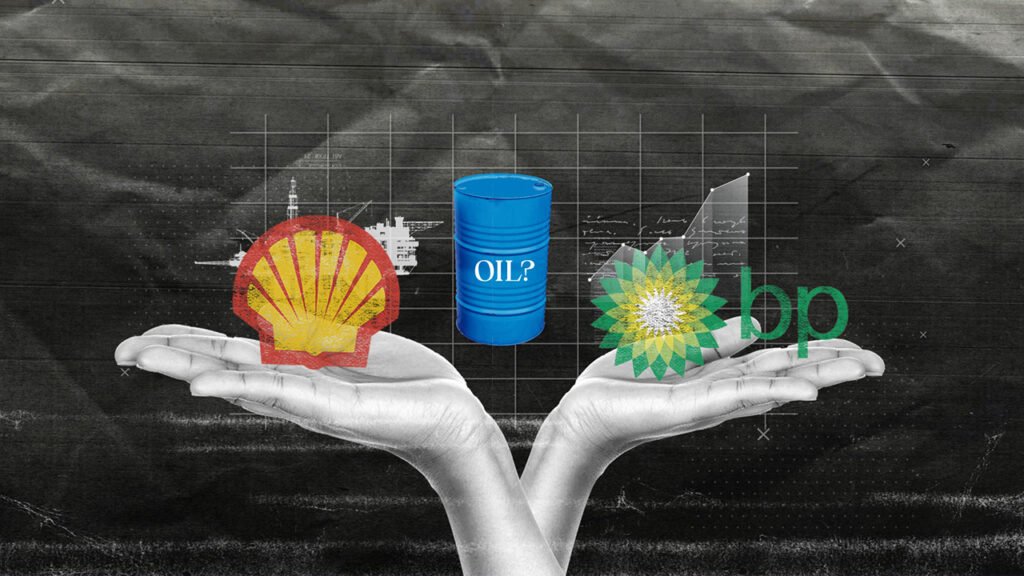 Hands hold oil barrel and logos of Shell, BP, and an oil rig