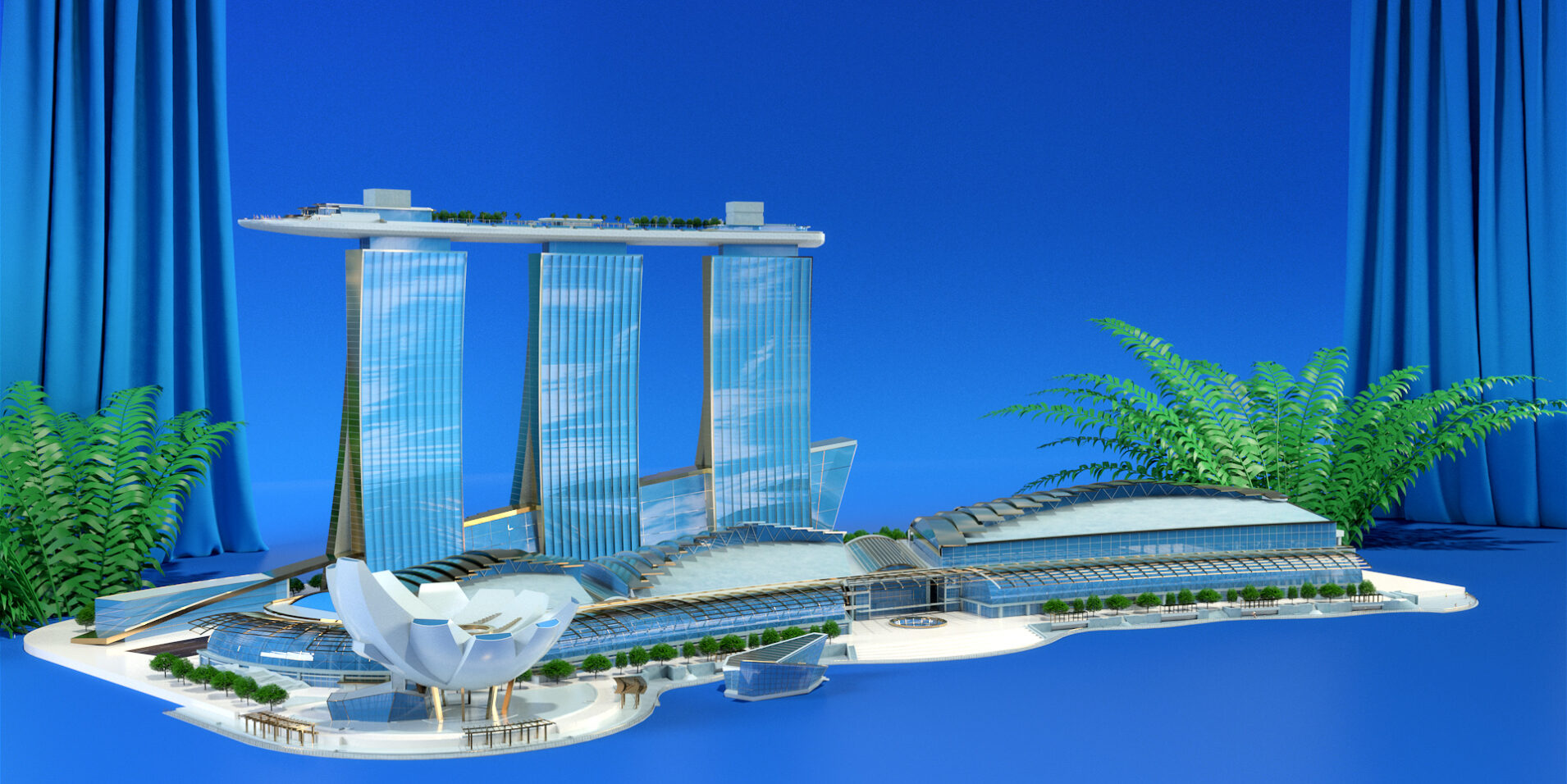 Modern architectural model of Marina Bay Sands with surrounding greenery