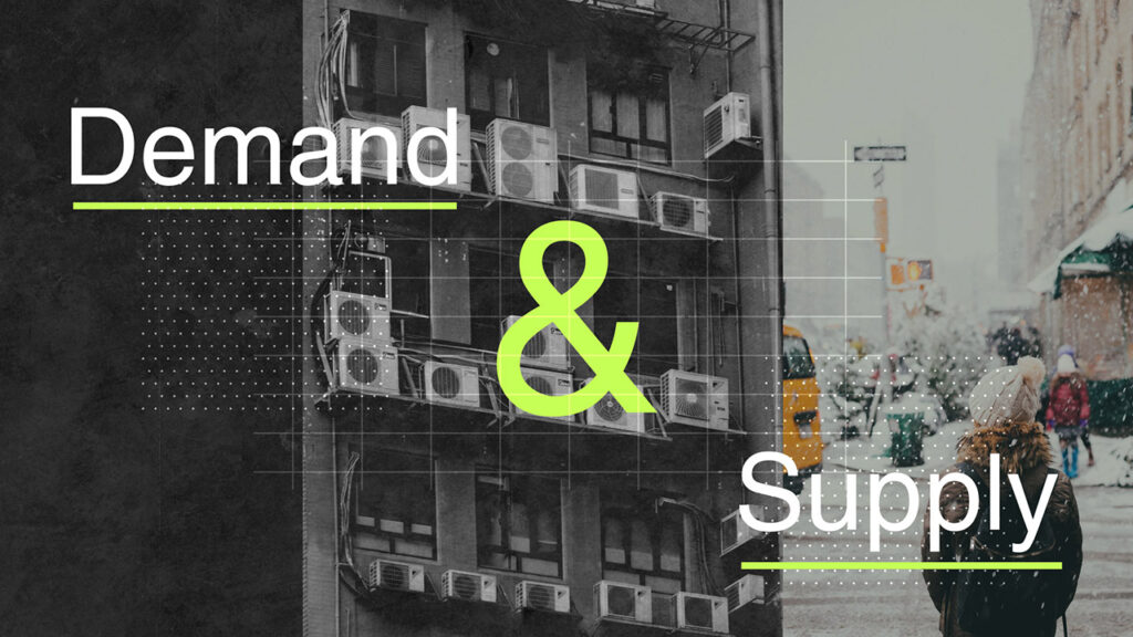 Urban scene with "Demand & Supply" text overlay on building with air conditioners