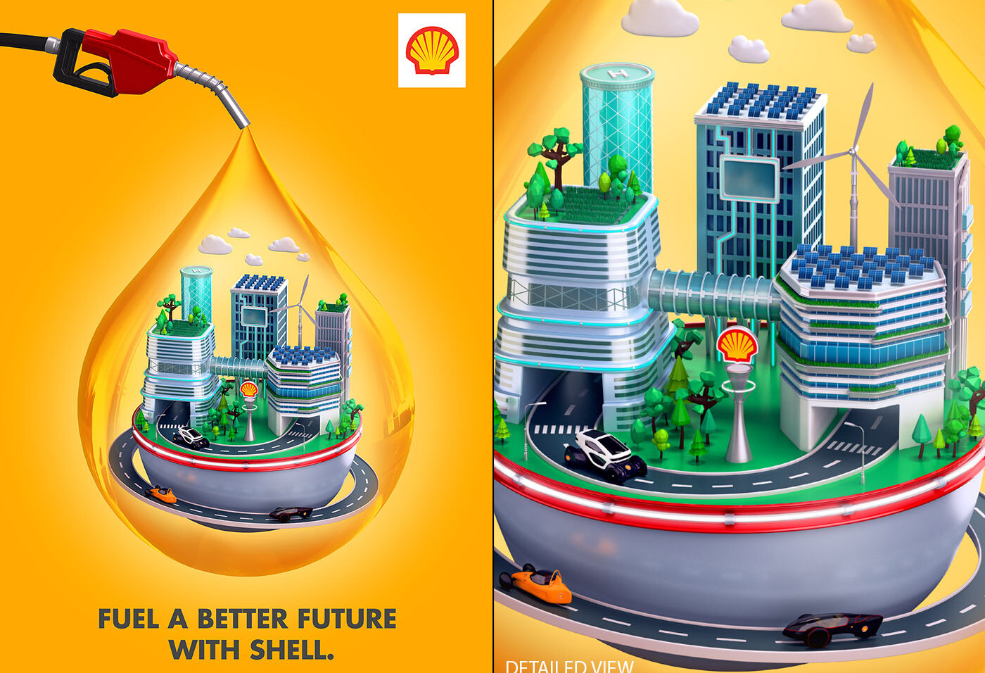 Shell ad shows fuel drop with futuristic city and renewable energy elements