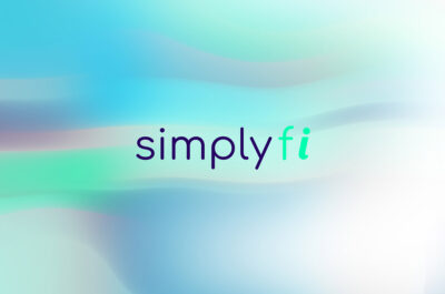 Soft gradient background with "simply fi" logo in center