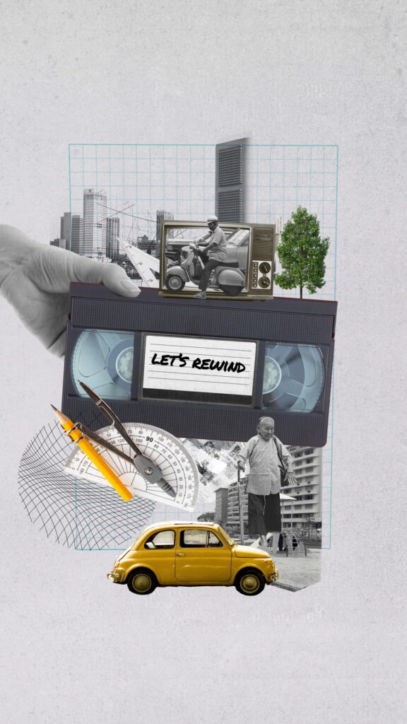 Hand holds VHS tape with "Let's Rewind" label, surrounded by retro and modern elements