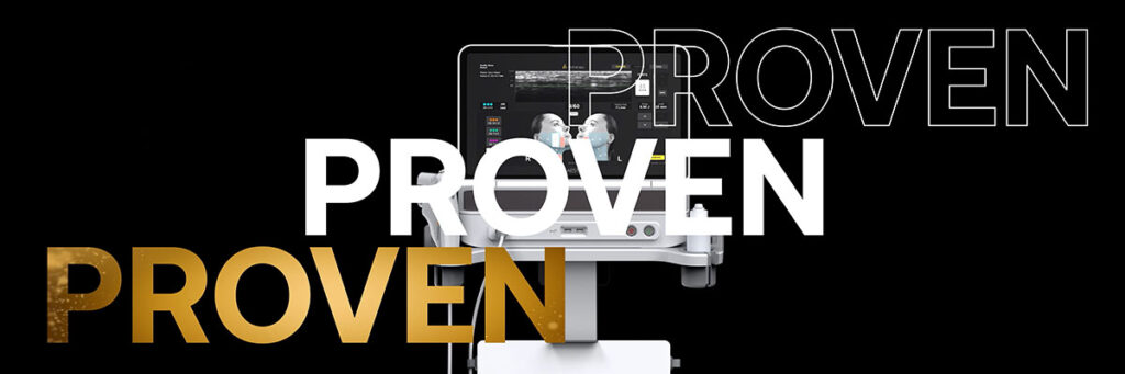 Medical device with "PROVEN" text overlay in white, gold, and outlined styles