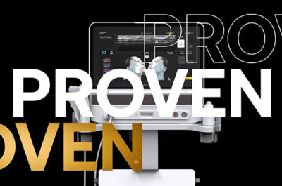 Medical device with "PROVEN" text overlay in white, gold, and outlined styles