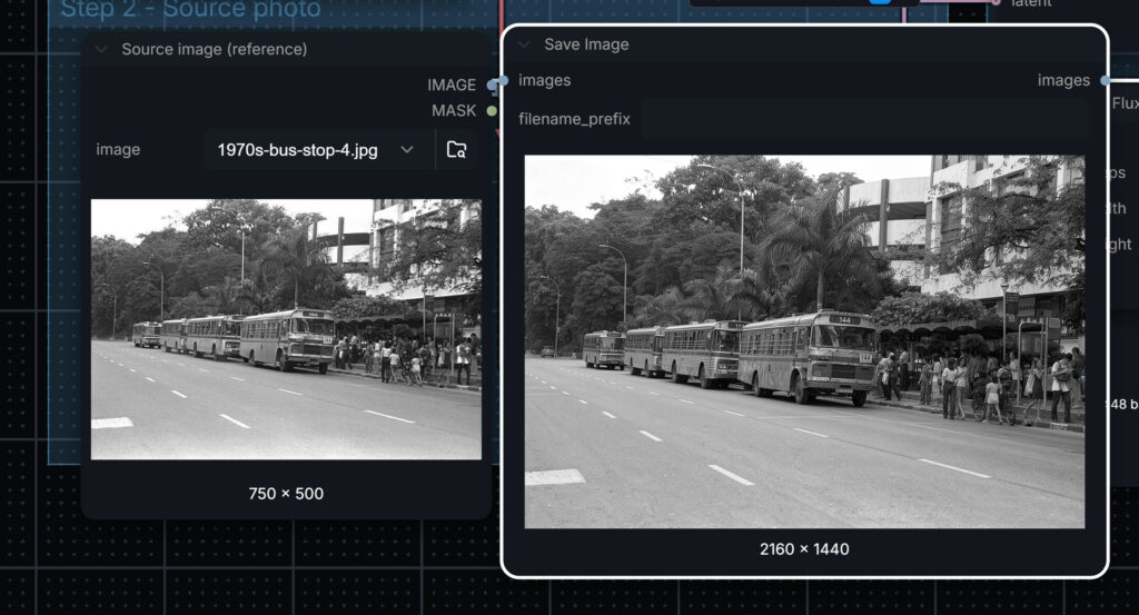 AI restoration and upscaling of a 1970s black and white bus stop photograph