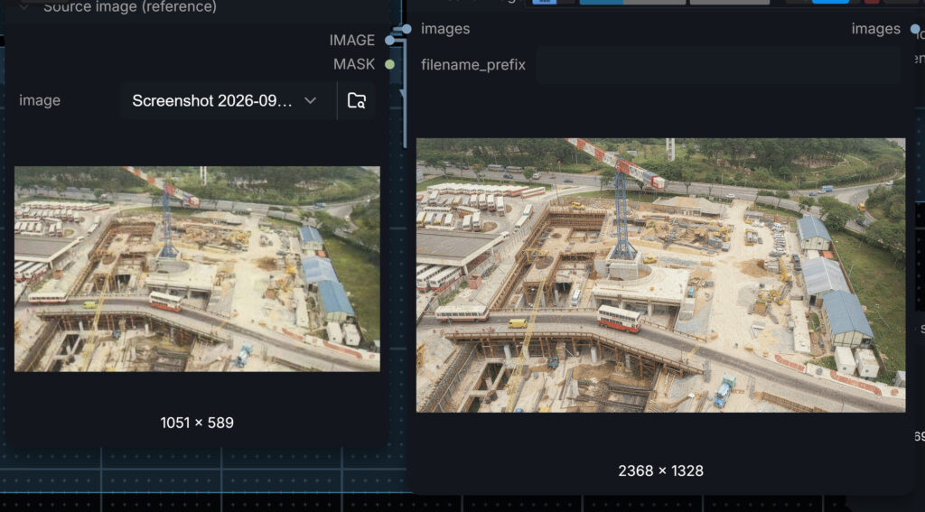 AI restoration and upscaling of an archive construction site photograph