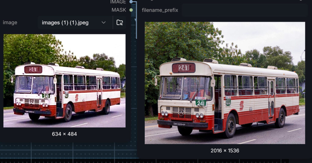 AI restoration and upscaling of a vintage Singapore bus photograph