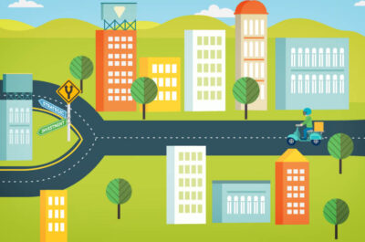 Colorful cityscape with buildings, roads, trees, and a delivery scooter