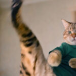 Striped cat in green shirt strikes martial arts pose with raised paw