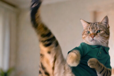Striped cat in green shirt strikes martial arts pose with raised paw
