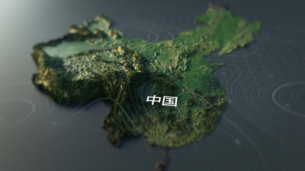 3D textured map of China with digital grid overlay and Chinese characters