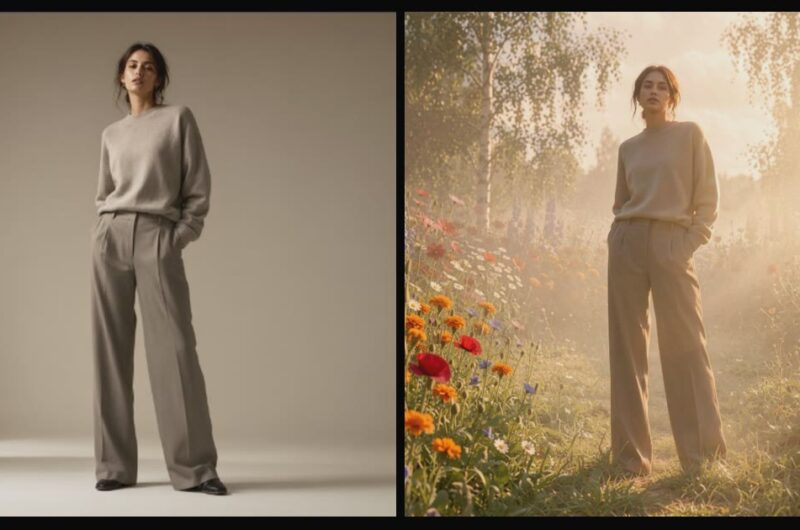 ComfyUI image editing before and after: studio shot relit into a sunrise meadow