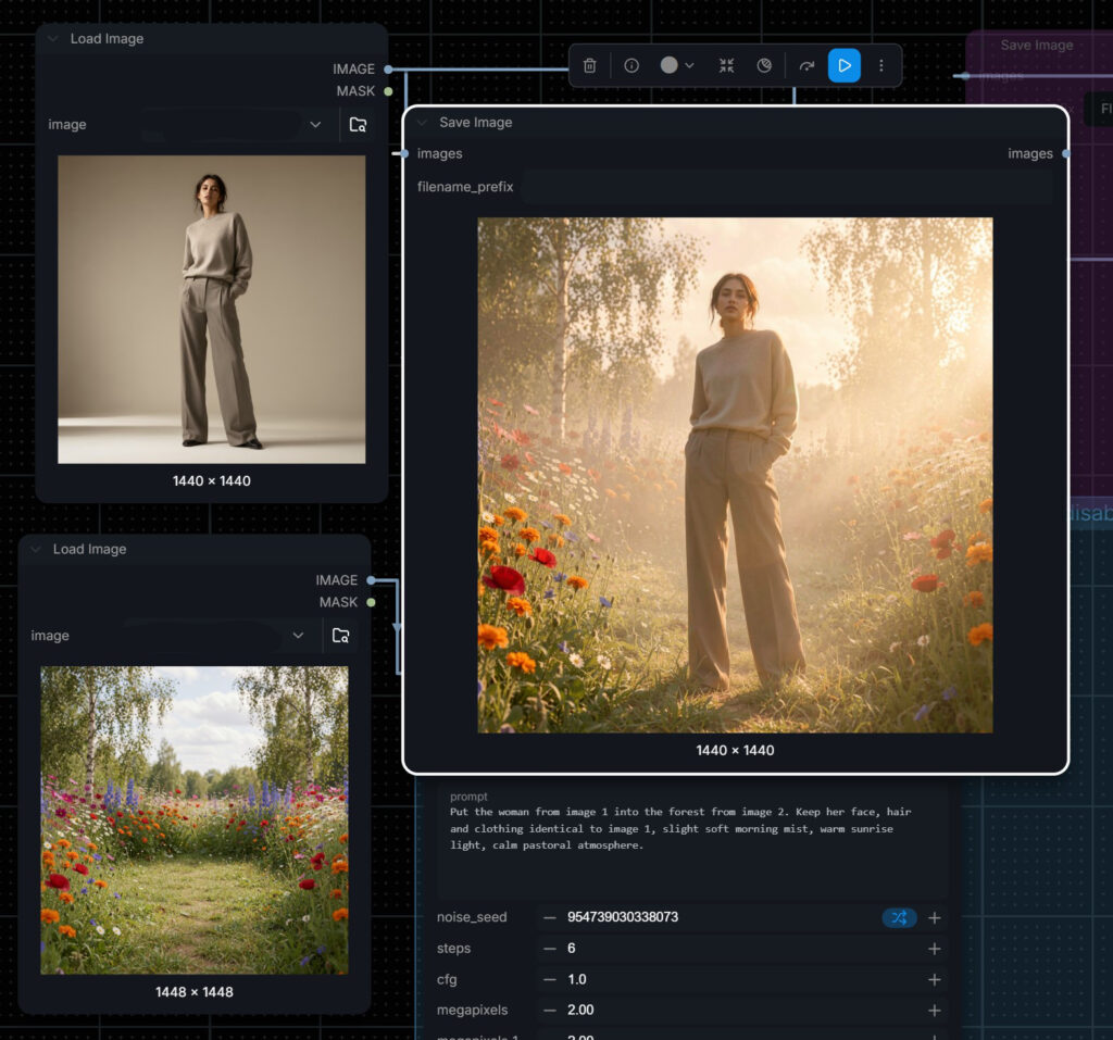ComfyUI image editing: relighting a scene with warm sunrise light and mist