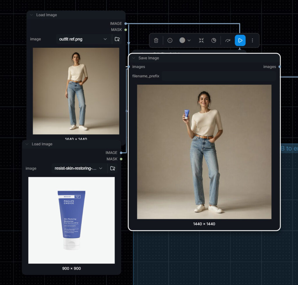 ComfyUI image editing: model re-posed holding a skincare product