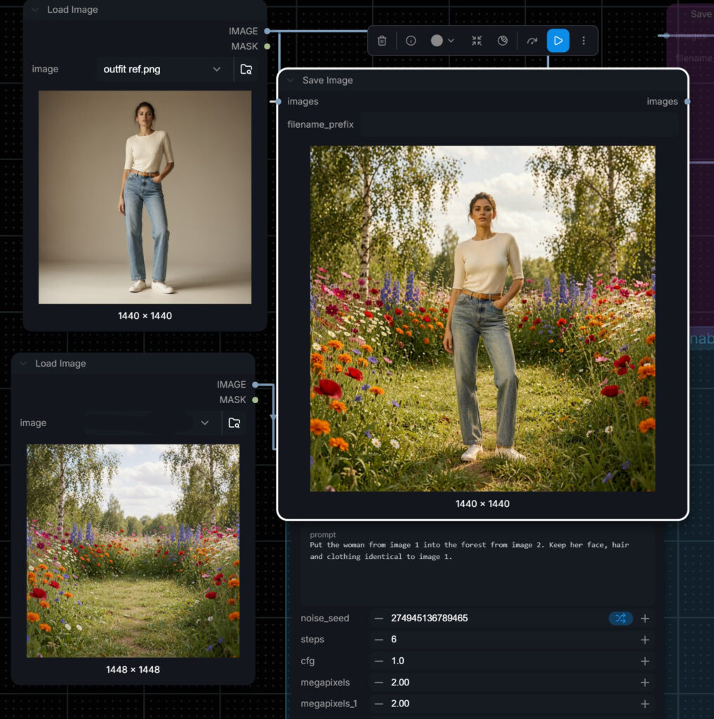 ComfyUI image editing: model from a studio shot placed into a new outdoor location