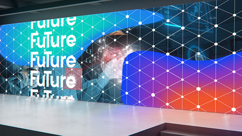 Digital display with "Future" text and colorful geometric network patterns