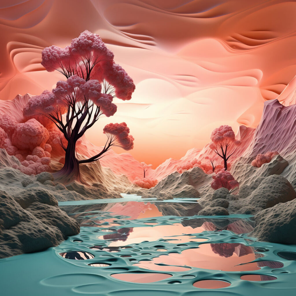 Pink trees reflect in turquoise water under surreal, flowing sky