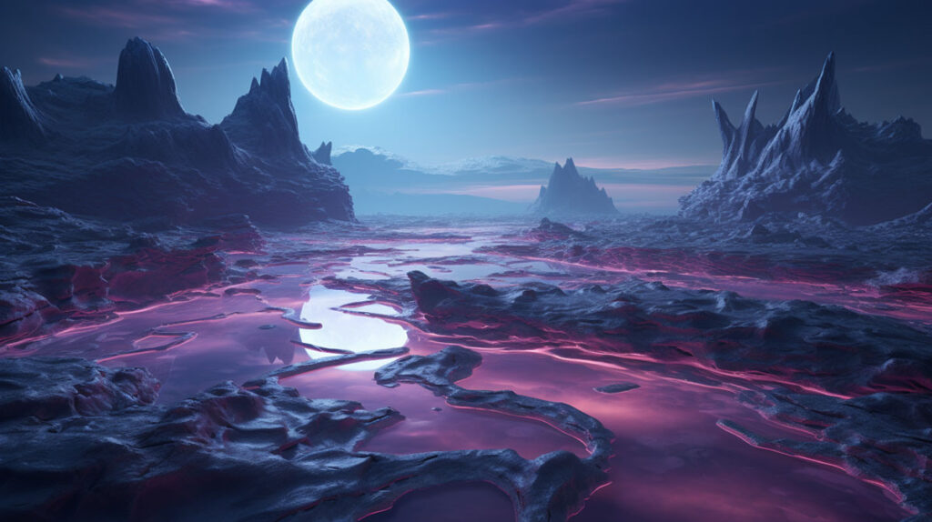Moonlit alien landscape with glowing pink terrain and jagged rock formations