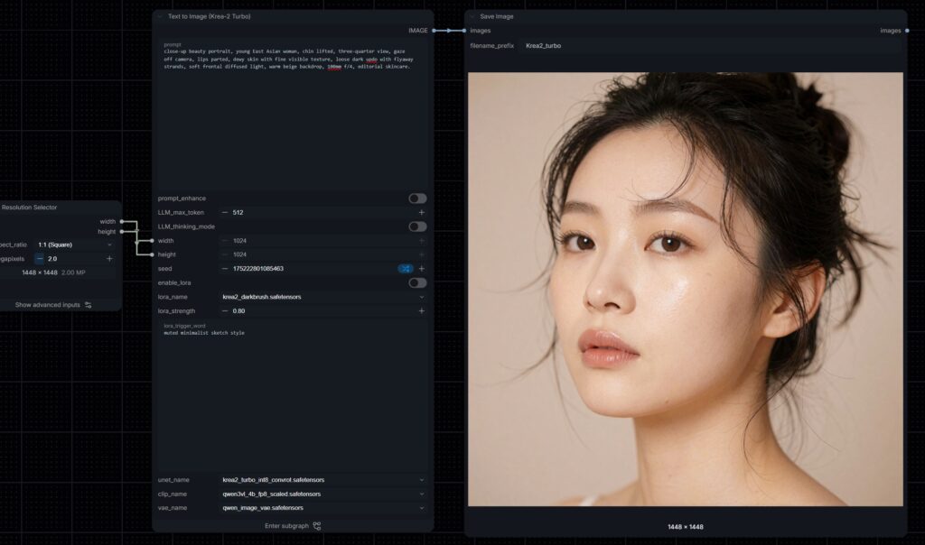 Krea 2 Turbo beauty portrait of an East Asian woman in ComfyUI