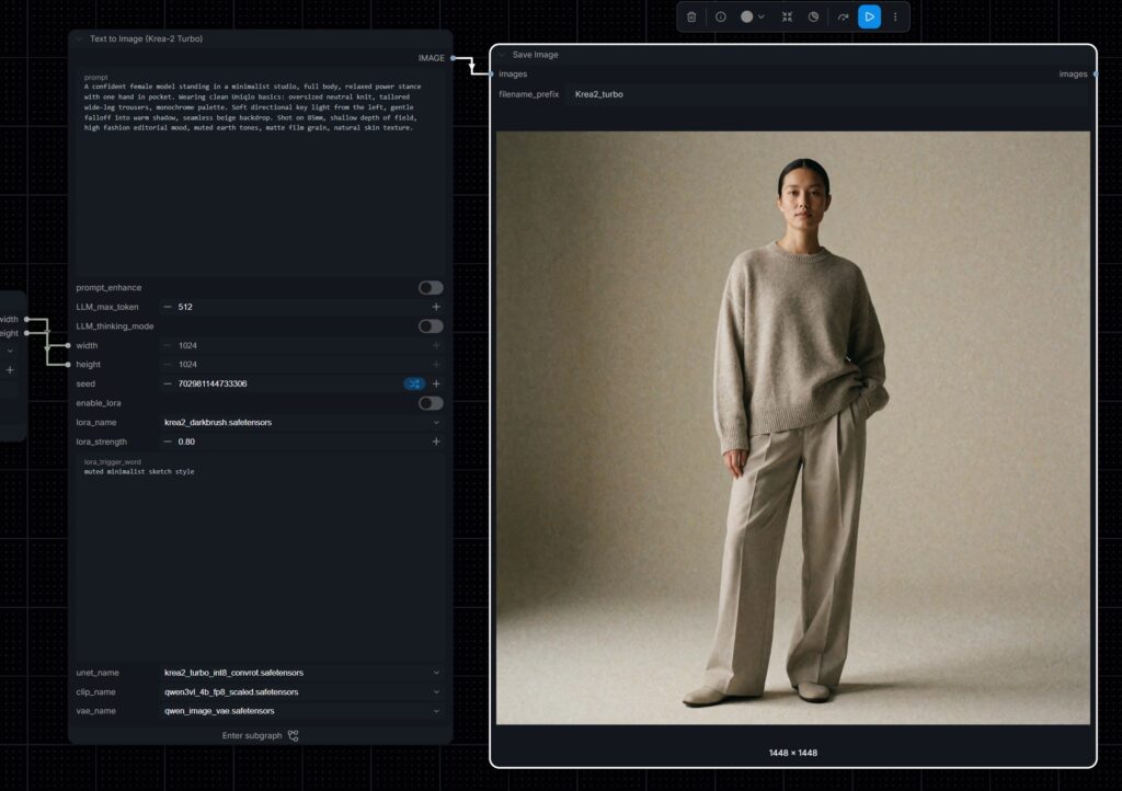 Krea 2 Turbo full-body fashion image in ComfyUI