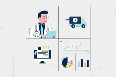 Doctor with medical equipment and data analytics tools in a digital health setting