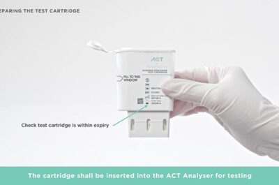 Hand holds test cartridge for ACT analyser insertion