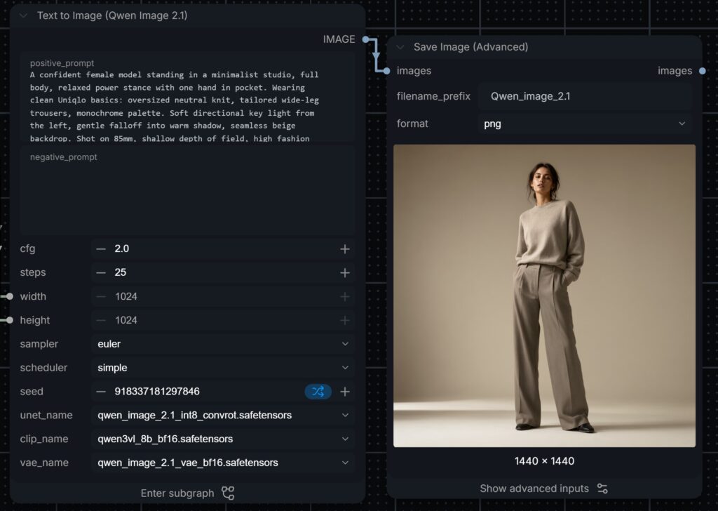 Qwen-Image 2.1 full-body fashion image in ComfyUI