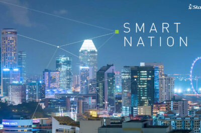 Nighttime cityscape with illuminated skyscrapers and digital network connections