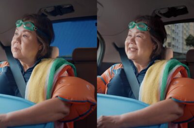 Blue screen car window on set, and the same shot with a Singapore street composited in
