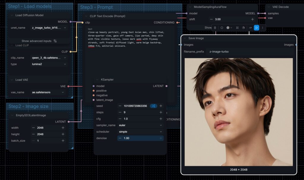 Z-Image Turbo beauty portrait of an East Asian man in ComfyUI