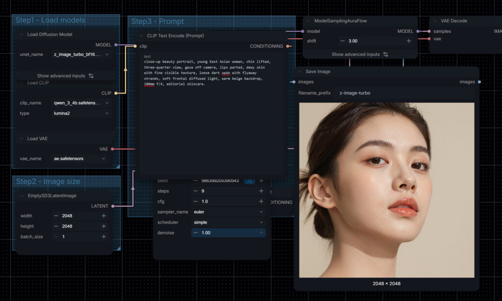 Z-Image Turbo beauty portrait of an East Asian woman in ComfyUI