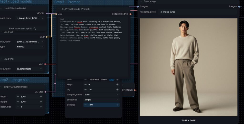 Z-Image Turbo full-body fashion image of a man in ComfyUI